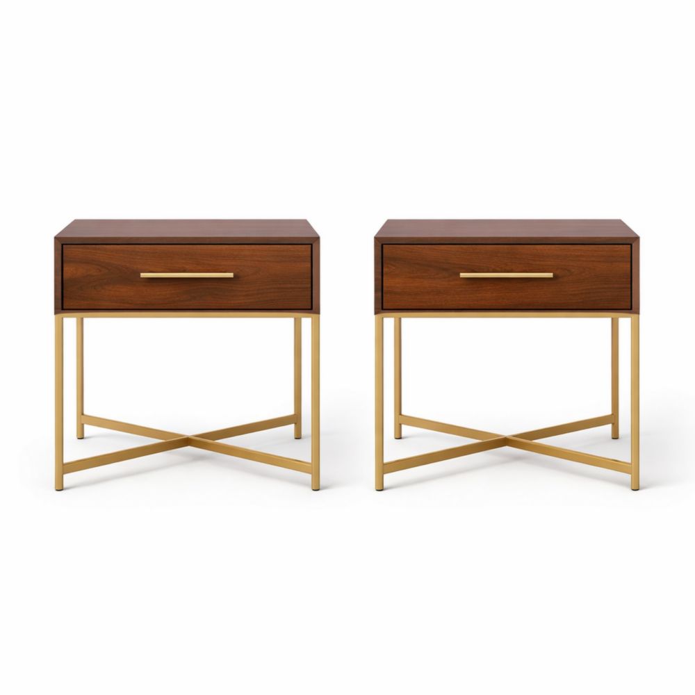 Set di 2 comodini in legno di noce e metallo dorato-Aestivara