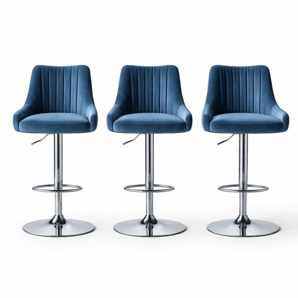Set di 3 sgabelli da bar in velluto blu con base in acciaio cromato regolabile-Aestivara