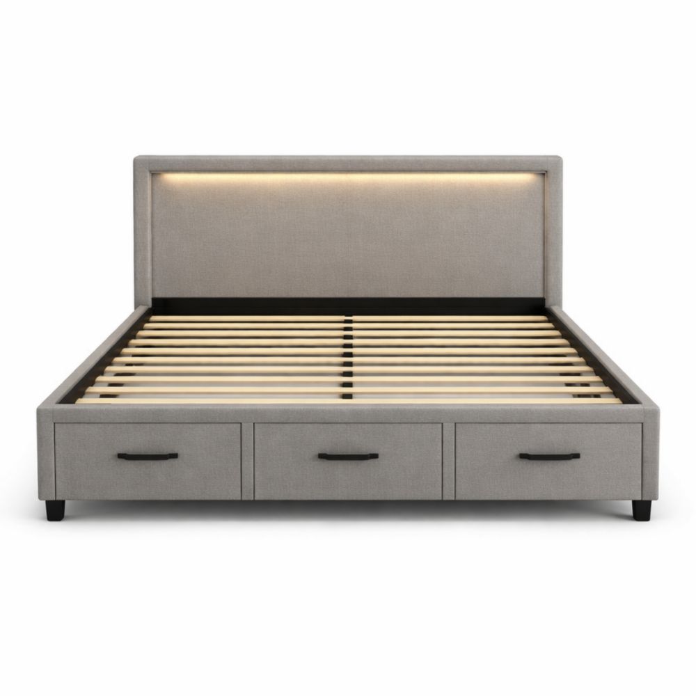 Letto in Tessuto con Cassetti e Testiera Illuminata 160x200 cm Grigio-Aestivara