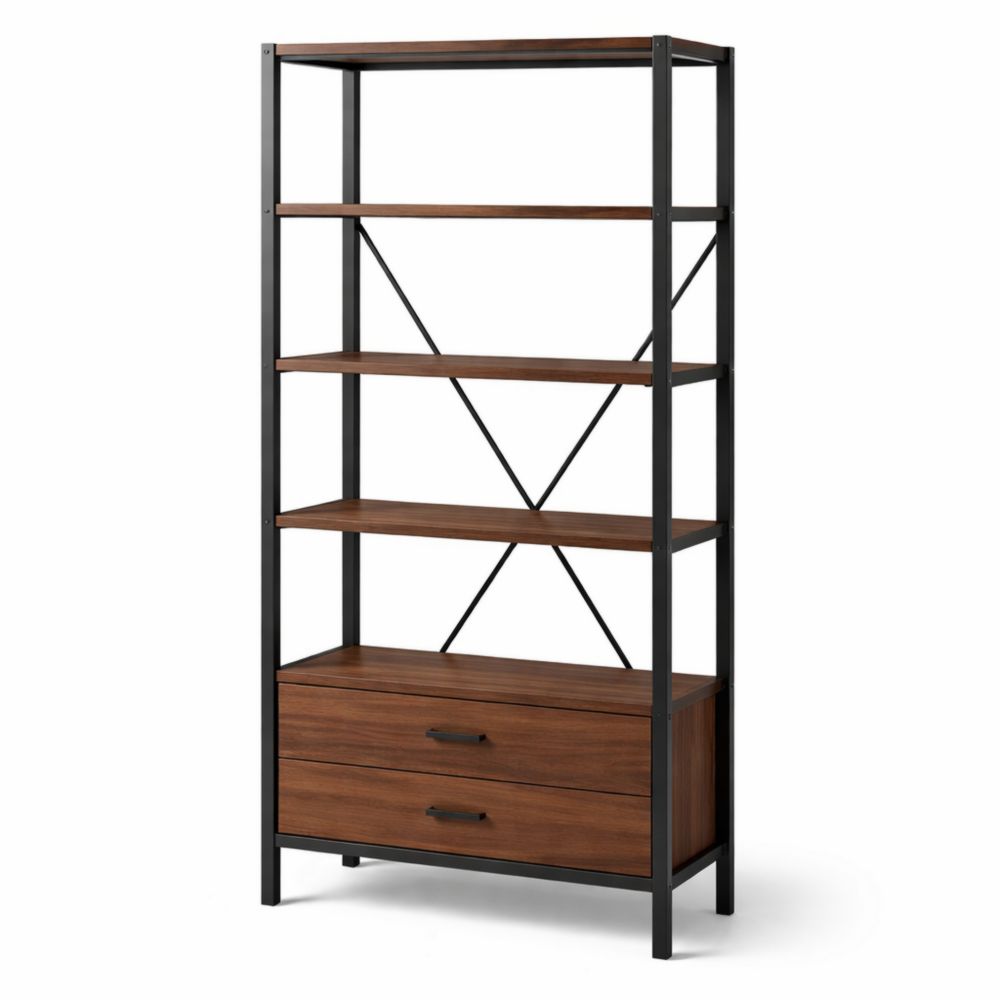 Scaffale in legno e metallo con ripiani e cassetti marrone e nero 180x80x35 cm-Aestivara