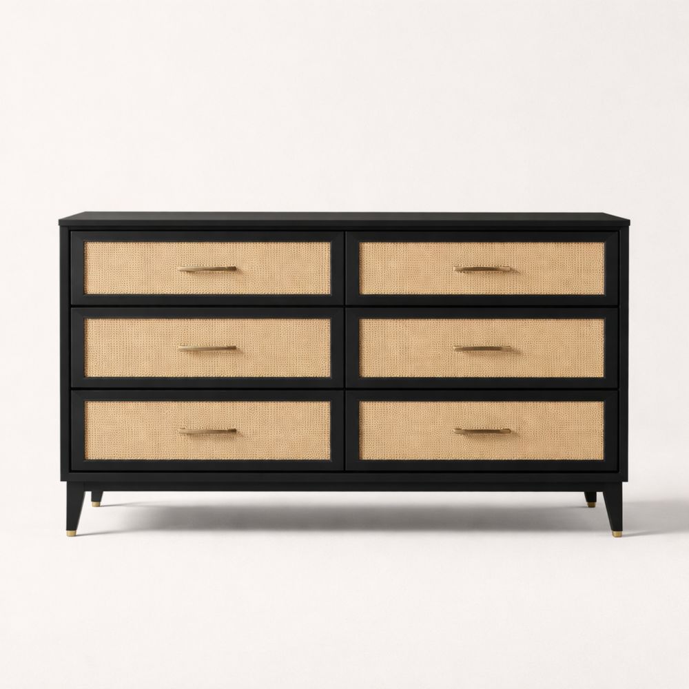 Cassettiera in Legno e Bambù Intrecciato Nero Naturale con 6 Cassetti-Aestivara