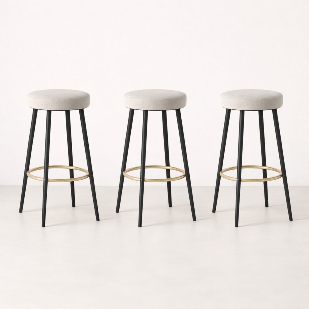 Set di 3 sgabelli da bar in tessuto beige con struttura in metallo nero-Aestivara