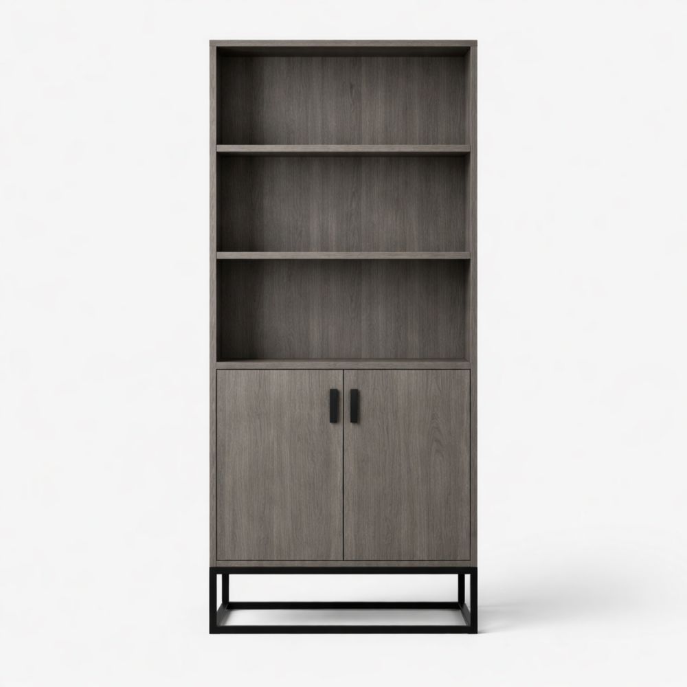 Libreria marrone in legno e metallo con ripiani e ante-Aestivara