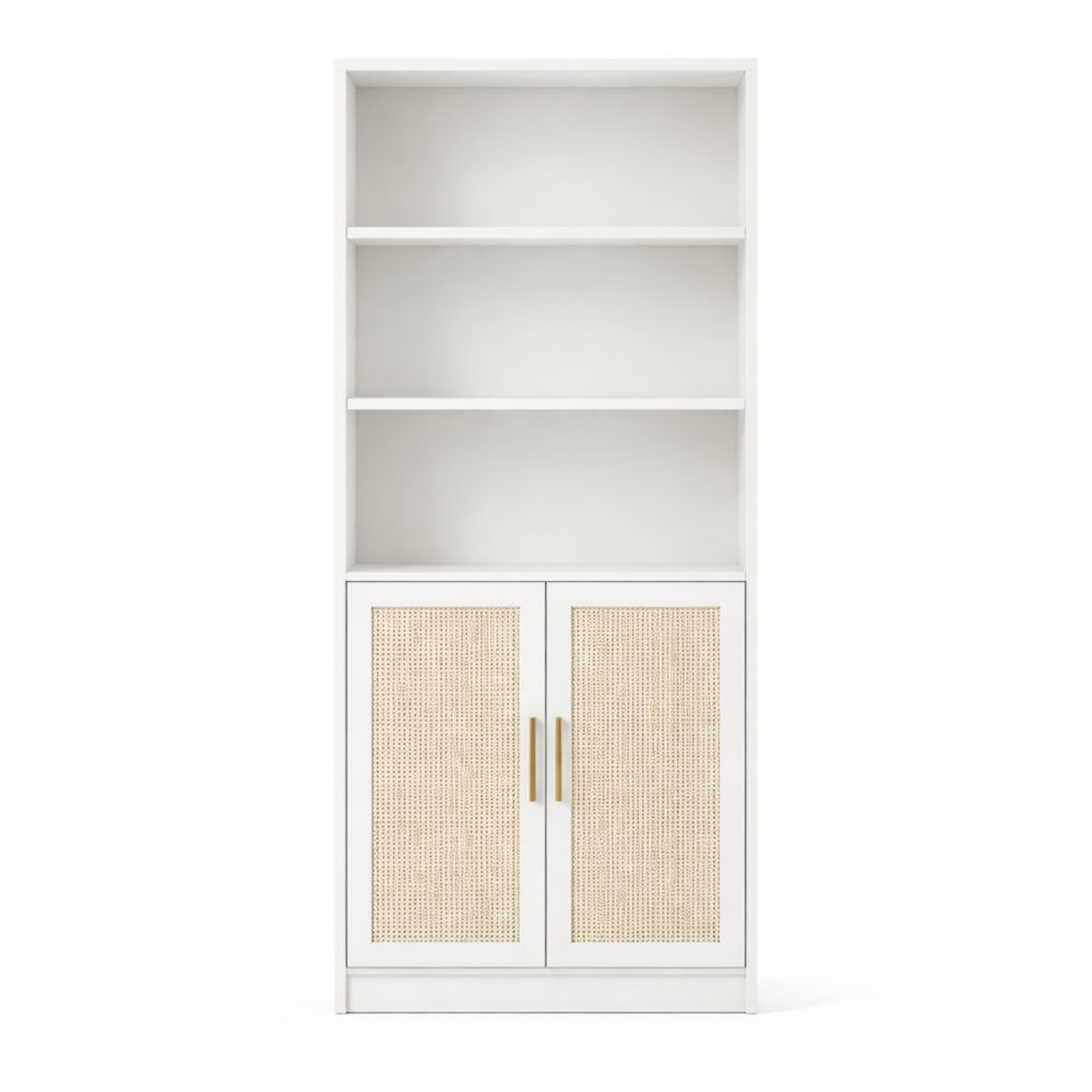 Libreria in MDF con ante in rattan naturale bianco 180cm-Aestivara