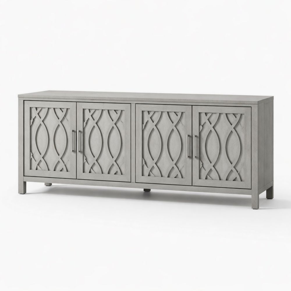 Credenza in Legno con Intagli Decorativi 4 Porte Grigio 180x40x75 cm-Aestivara