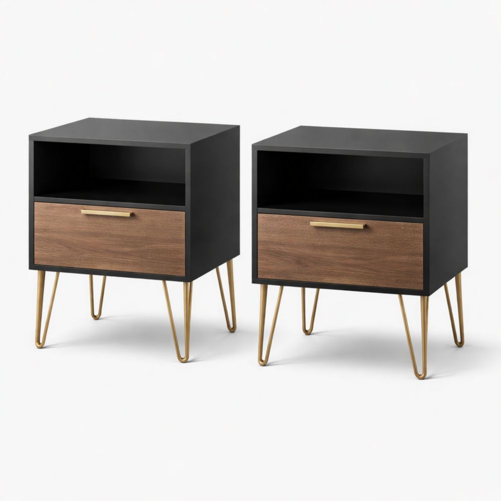 Set di 2 Comodini in MDF Noce/Nero con Gambe in Metallo Dorato-Aestivara