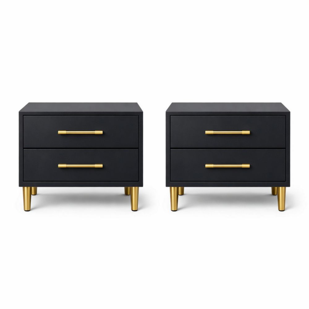 Set di 2 comodini in legno MDF nero con gambe dorate 2 cassetti-Aestivara