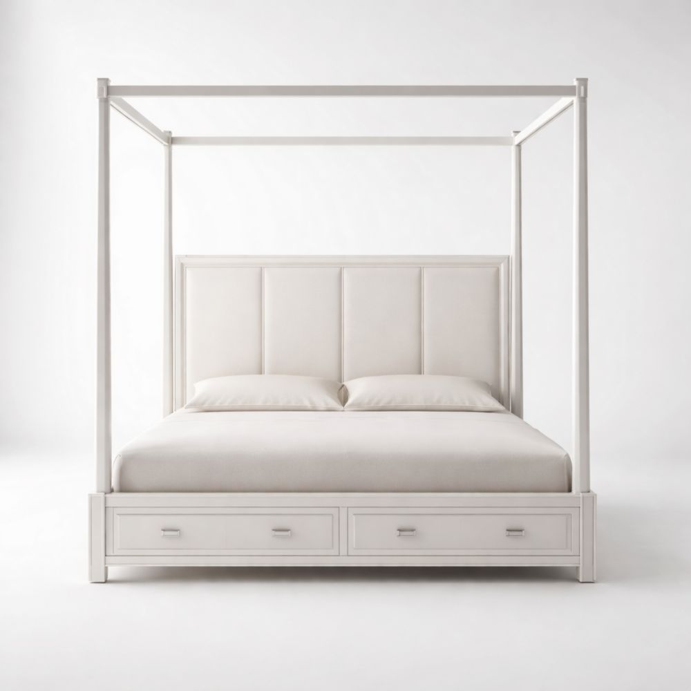 Letto a Baldacchino in Legno con Testiera Imbottita e Cassetti-Aestivara