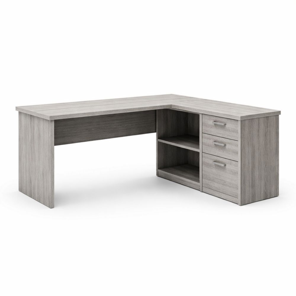 Scrivania Angolare in Truciolato Grigio con Cassetti e Mensole-Aestivara