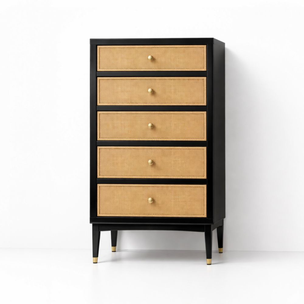 Cassettiera in legno nero e rattan naturale con 5 cassetti-Aestivara