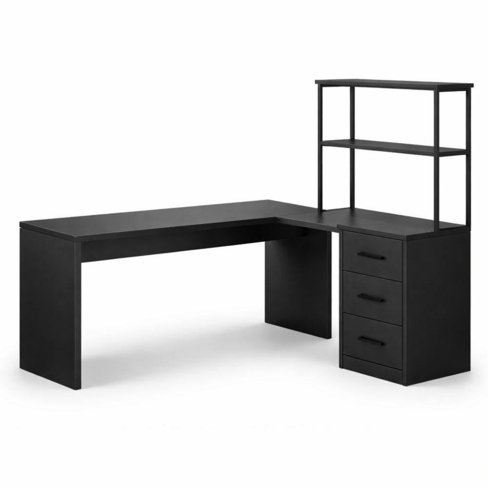 Scrivania ad Angolo L in MDF Nero con Ripiani e Cassetti 145x120x75 cm-Aestivara