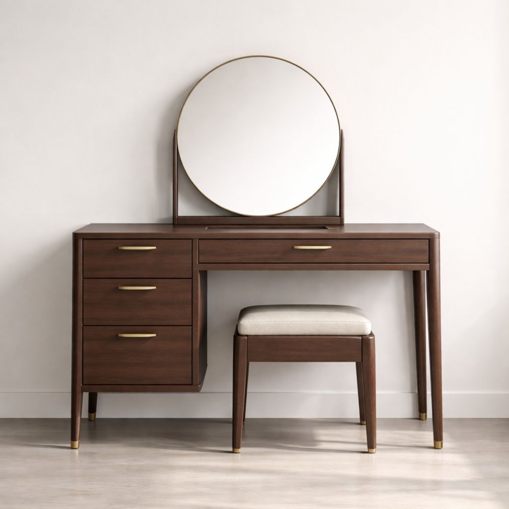 Tavolo da Toeletta in Legno con Sgabello e Specchio Rotondo-Aestivara