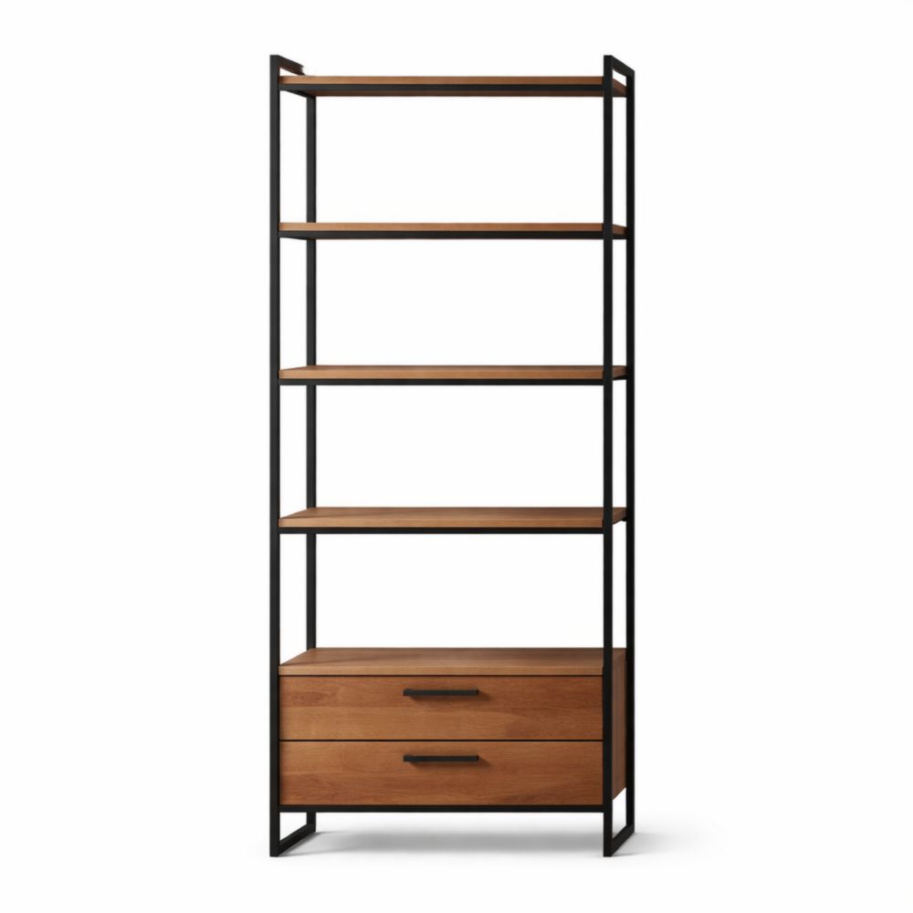 Libreria in metallo nero e legno con 2 cassetti-Aestivara