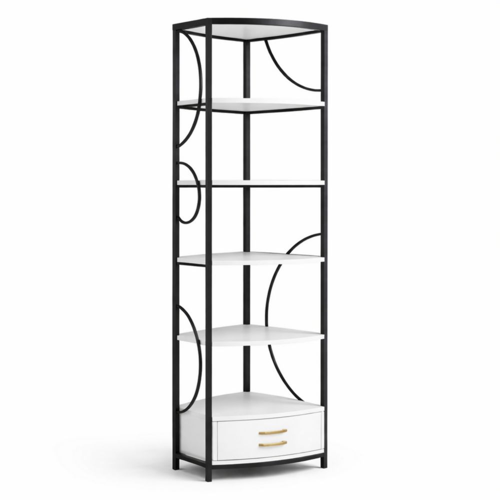 Libreria angolare in metallo nero e MDF bianco con 5 ripiani e 1 cassetto-Aestivara