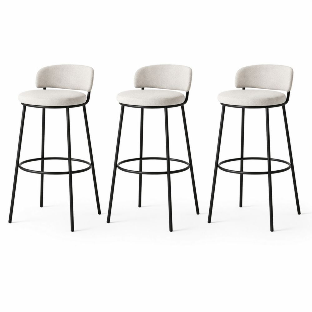 Set di 3 sgabelli in tessuto beige con struttura in metallo nero-Aestivara