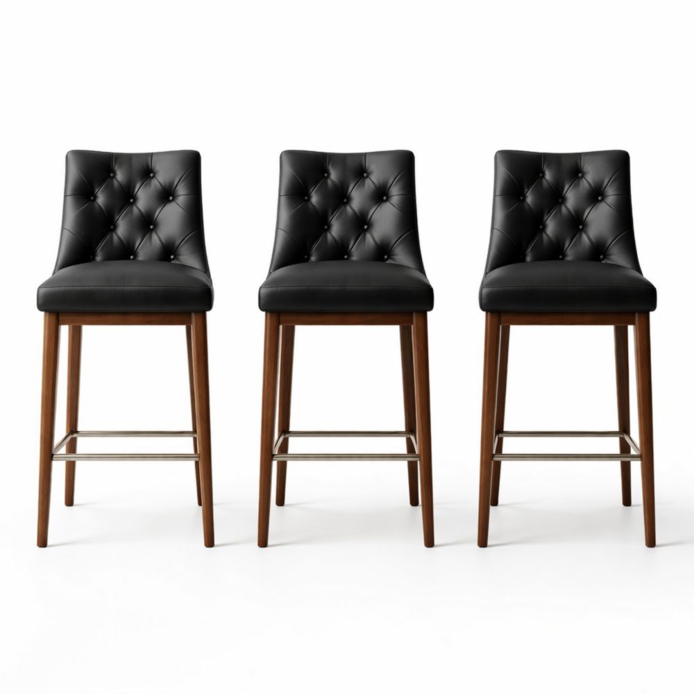 Set di 3 sgabelli bar in pelle nera con struttura in legno-Aestivara