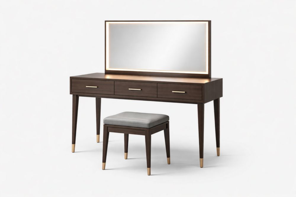 Toletta con Specchio LED e Sgabello in legno massello Marrone-Decorivelo