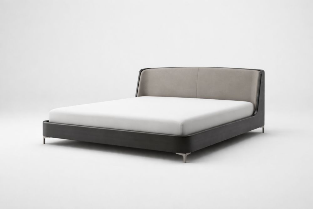 Letto matrimoniale in ecopelle nero con testiera imbottita grigia, 200x180x90 cm-Decorivelo