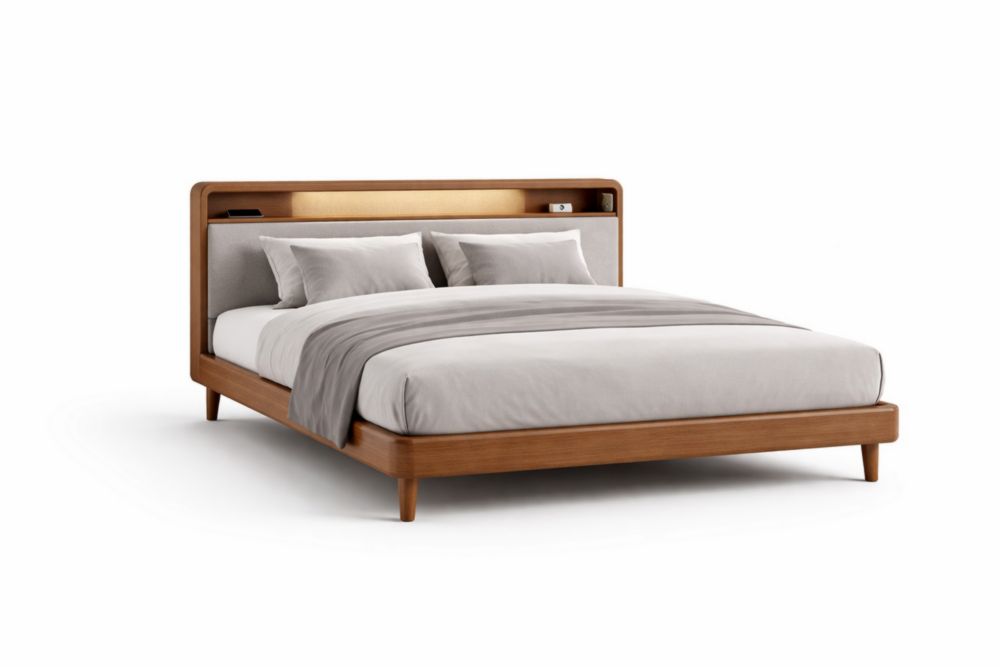 Letto matrimoniale in legno di noce con testiera imbottita e vano portaoggetti-Decorivelo