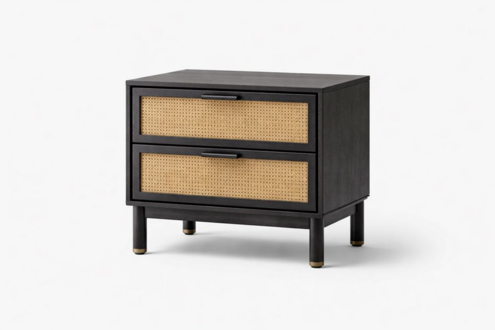Comodino in legno massello e rattan con 2 cassetti Nero/Beige-Decorivelo