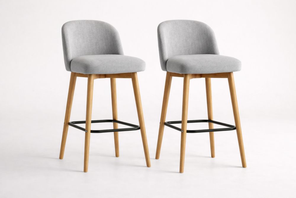 Set di 2 Sgabelli da Bar in Tessuto Grigio con Gambe in Legno di faggio-Decorivelo