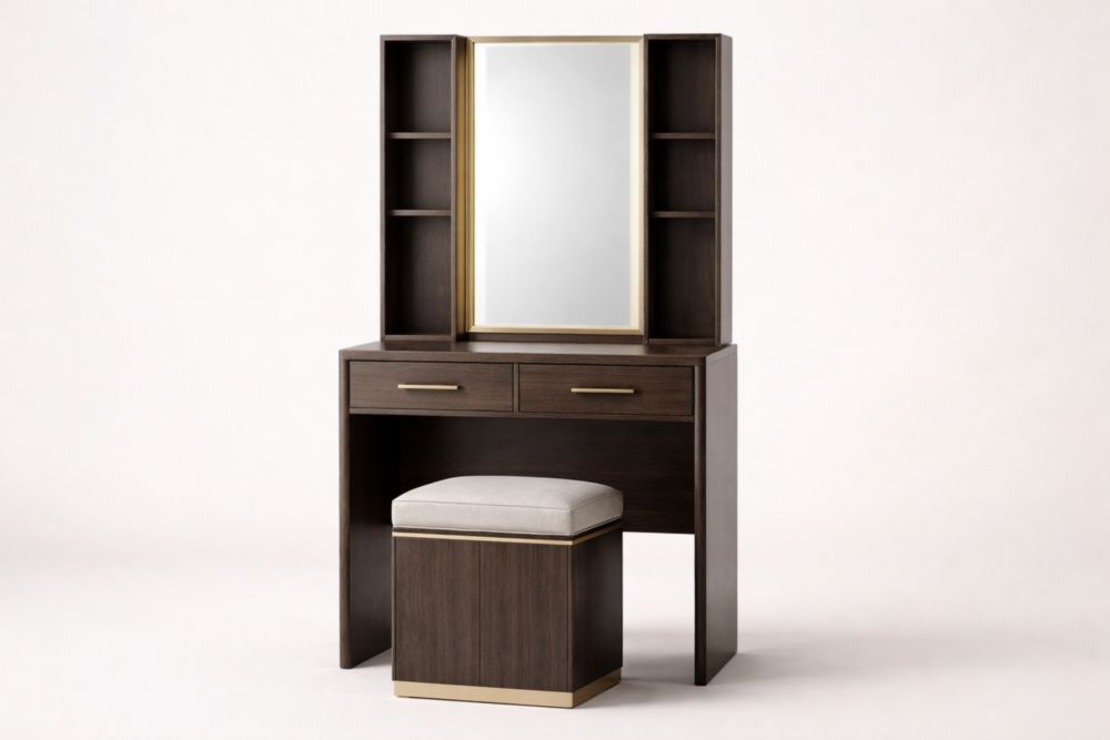 Toeletta con Specchio Integrato e Sgabello in Legno Massello Marrone-Decorivelo