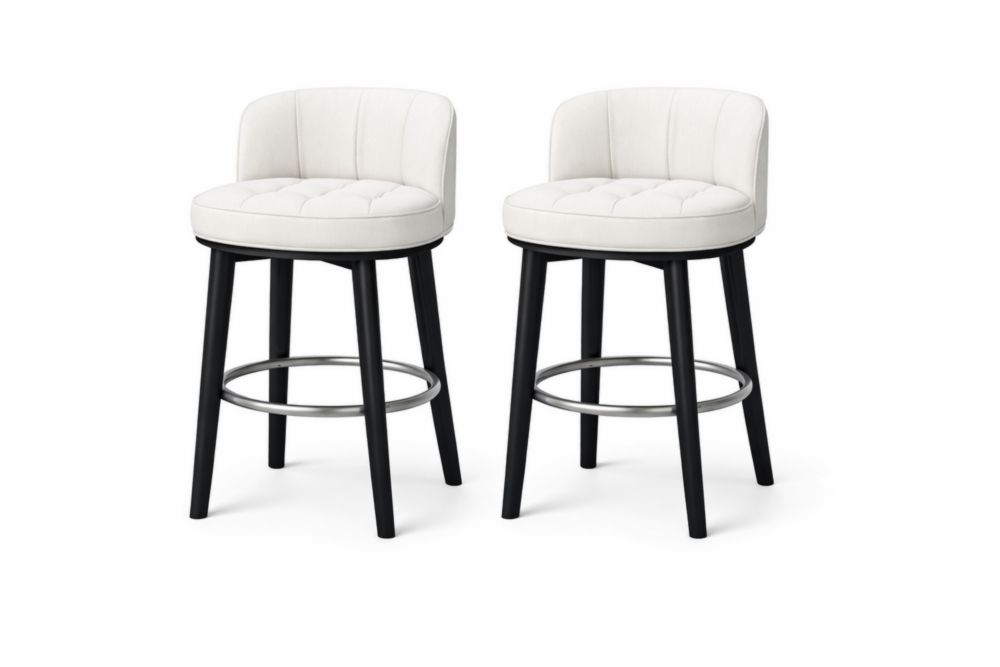 Set di 2 sgabelli da bar in tessuto bianco con gambe in Legno Massello e anello poggiapiedi in acciaio-Decorivelo