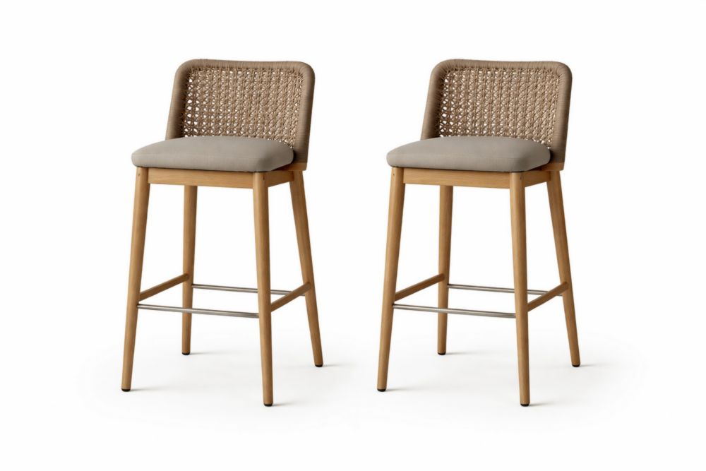 Set di 2 sgabelli in Legno massello e rattan con cuscino beige-Decorivelo