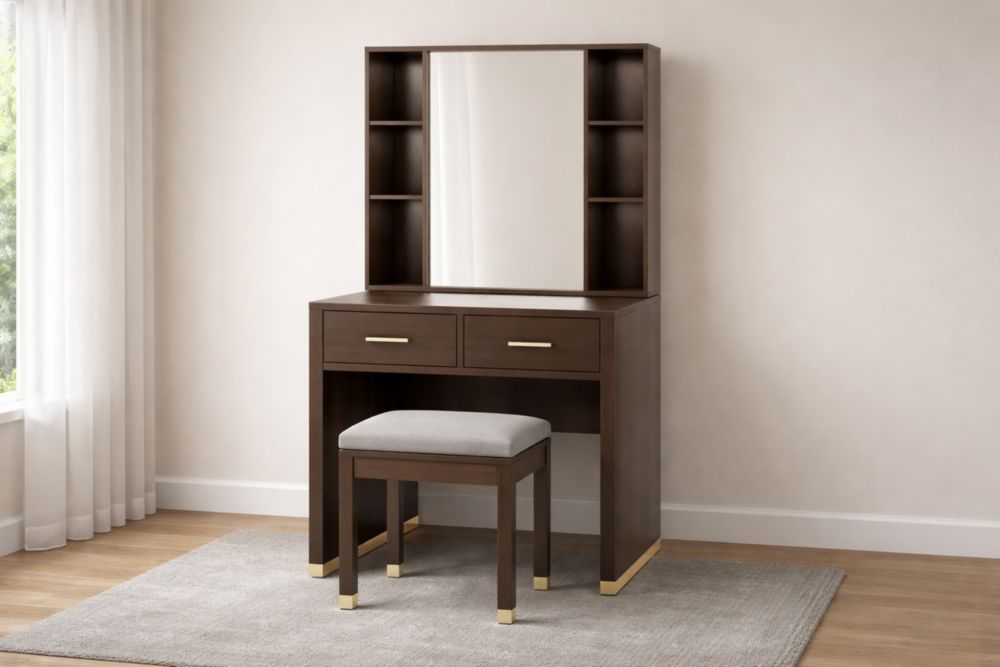 Tavolo da Trucco in Legno di pioppo con Specchio e Sgabello Imbottito-Decorivelo