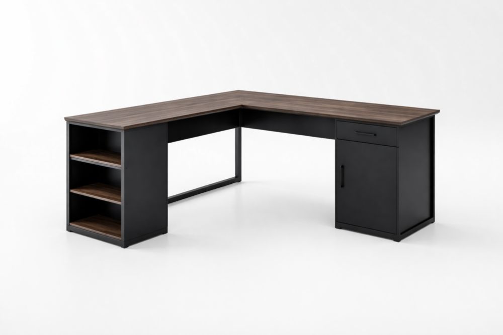 Scrivania angolare in legno composito e Alluminio nero con ripiani e cassetto 140x120x75 cm-Decorivelo