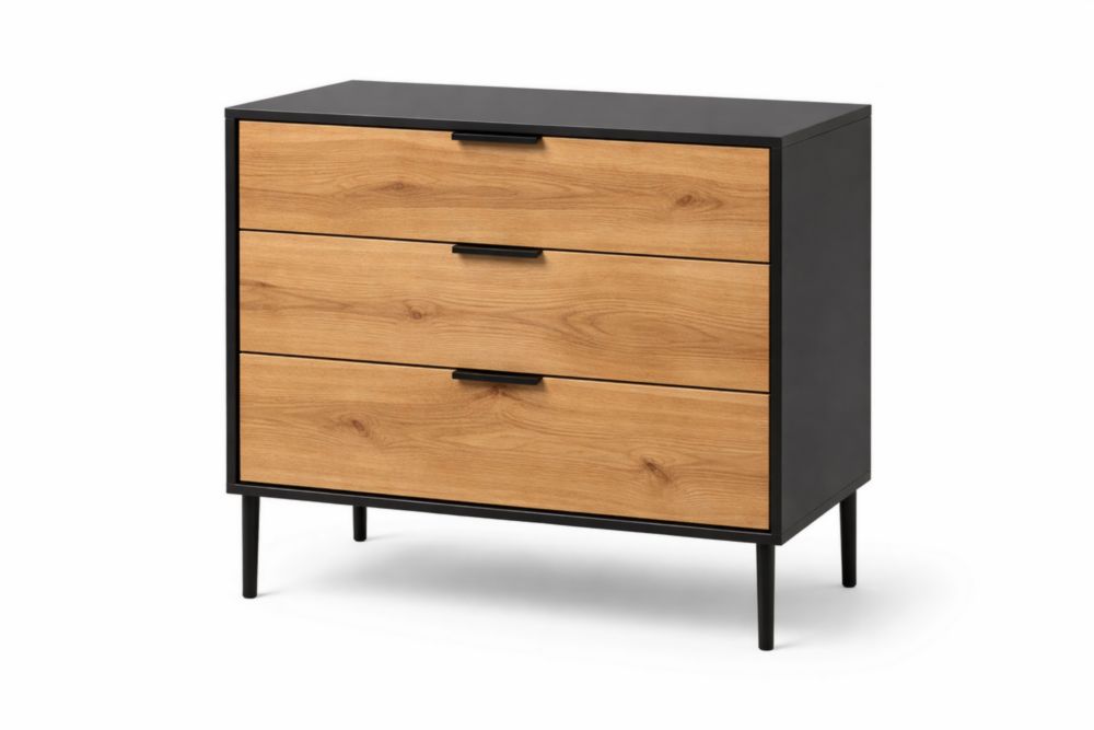 Cassettiera a Tre Cassetti in MDF e Alluminio Nero Naturale-Decorivelo