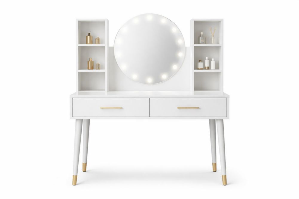 Tavolo Trucco Bianco con Specchio LED e Mensole-Decorivelo