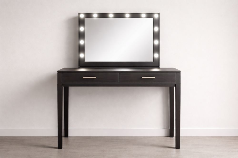 Tavolo da Toeletta Nero in Legno di pino verniciato con Specchio Illuminato e Cassetti-Decorivelo