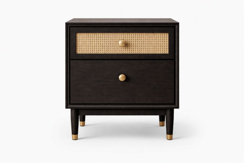 Comodino in Legno di frassino scuro Scuro con Cassetto in Rattan e Dettagli Dorati-Decorivelo