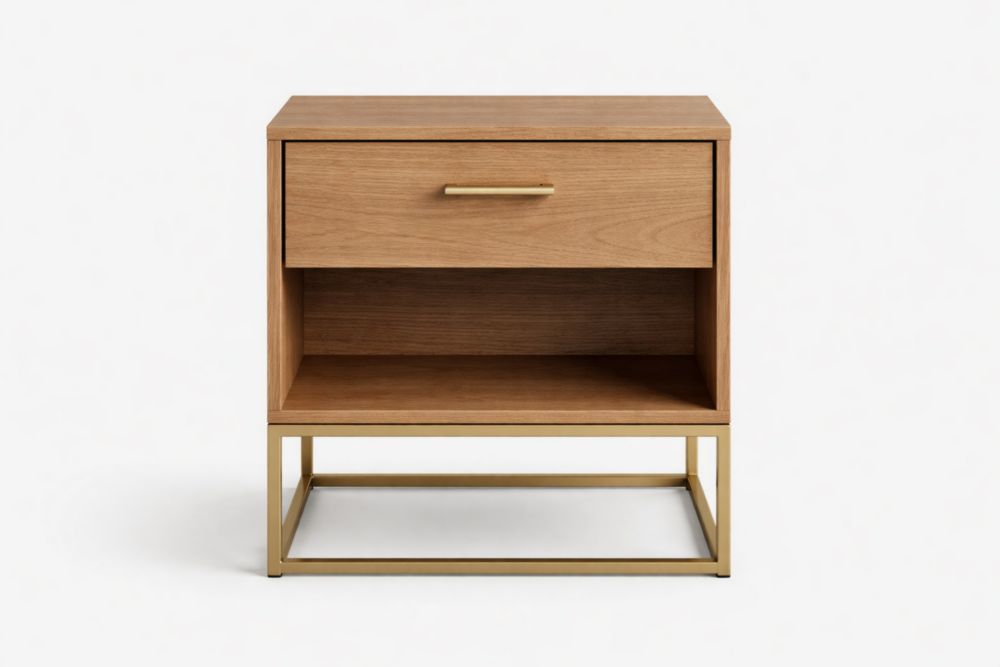 Comodino in legno di quercia con cassetto e base in Alluminio dorato-Decorivelo