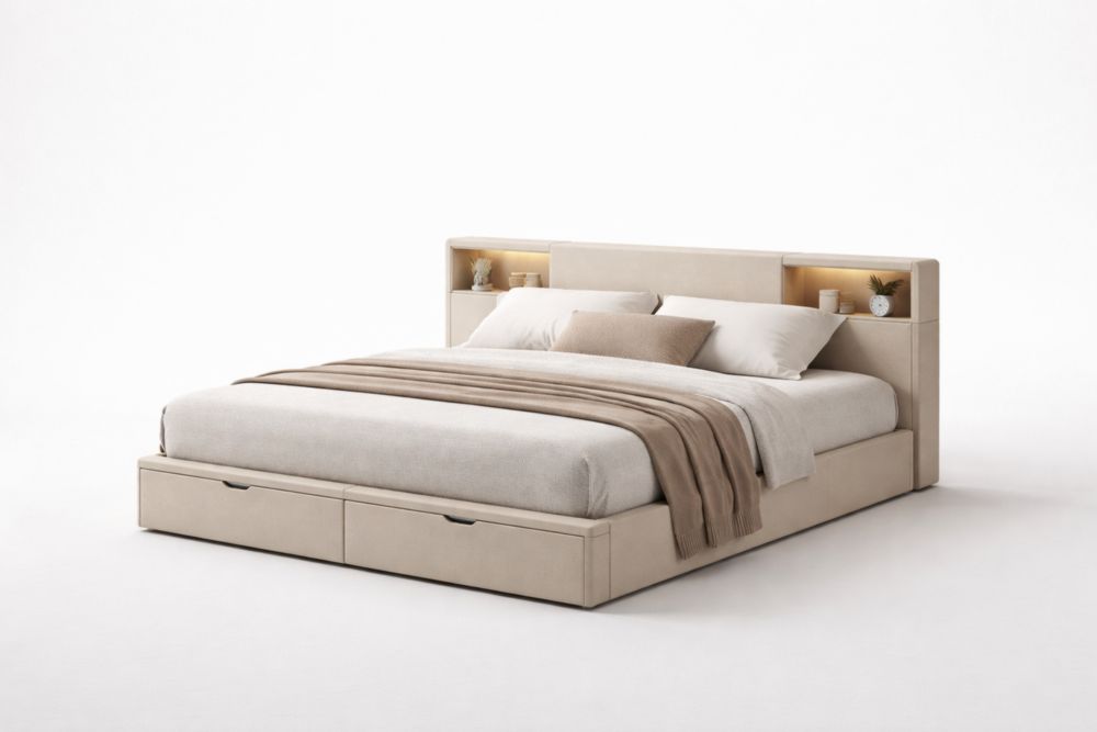 Letto matrimoniale con testiera imbottita e cassetti integrati, tessuto poliestere beige-Decorivelo
