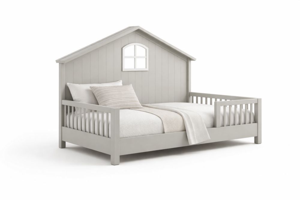 Letto per Bambini a Forma di Casa in Legno di Pino Grigio-Decorivelo