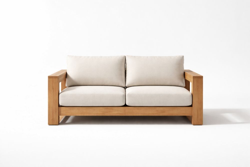 Divano due posti in legno massello e tessuto beige-Decorivelo