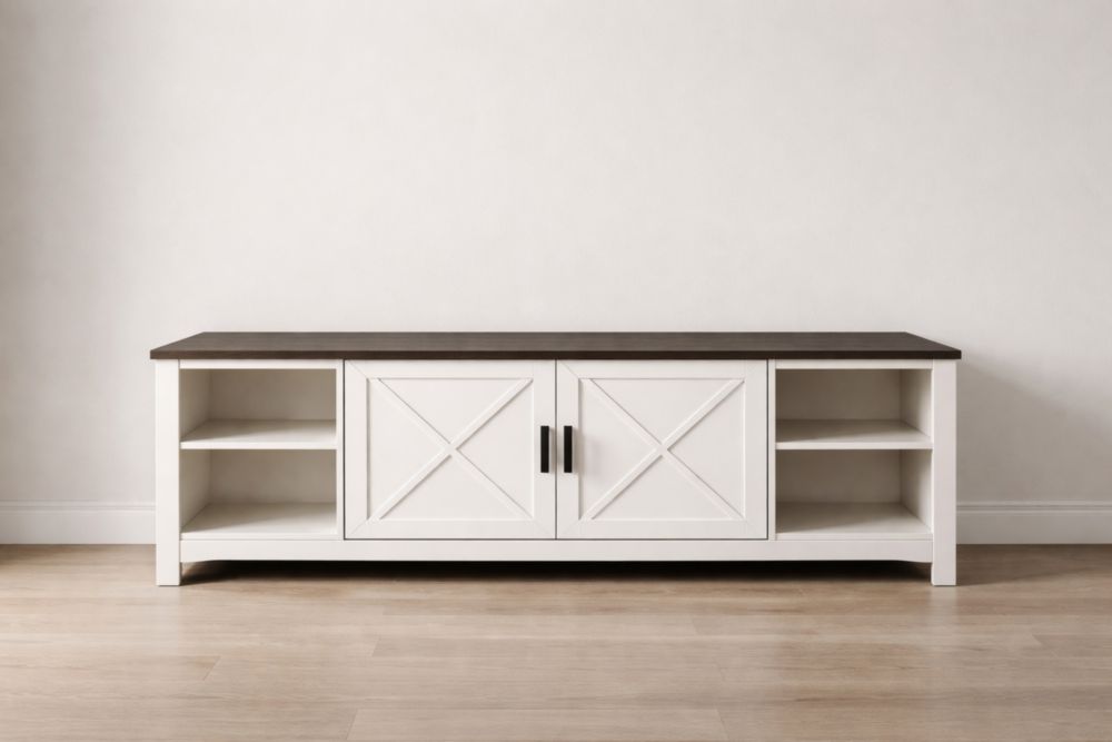 Mobile TV in MDF Bianco con Ripiano in Legno massello Scuro-Decorivelo