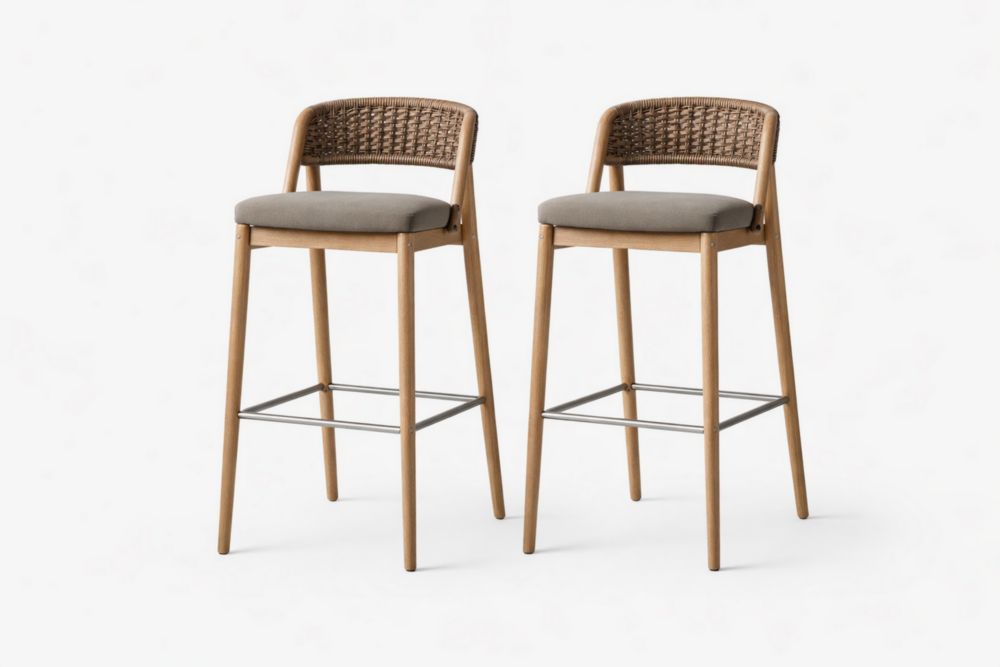 Set di 2 sgabelli da bar in legno massello e acciaio con schienale intrecciato-Decorivelo