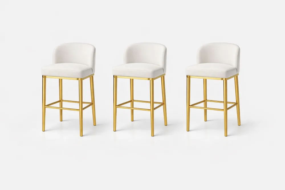 Tabourets de Bar Ensemble 3 Pièces Structure Métal Doré Assise Tissu Blanc