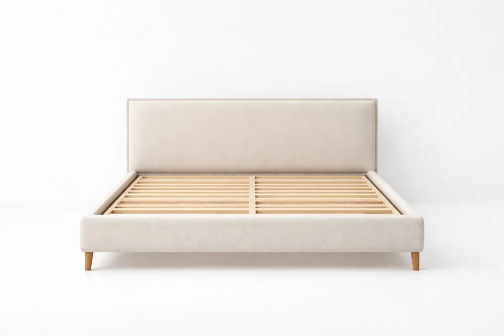 Lit double en bois et tissu beige 200x160 cm