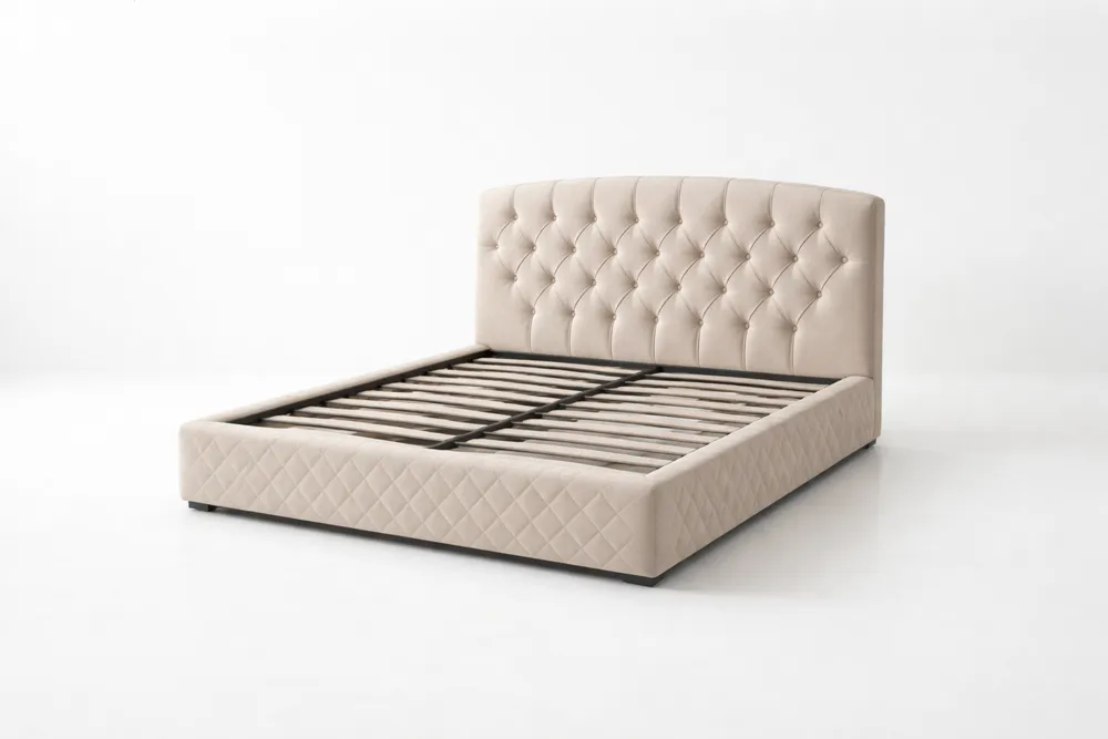 Lit plateforme en tissu polyester beige avec tête de lit capitonnée 200x160 cm