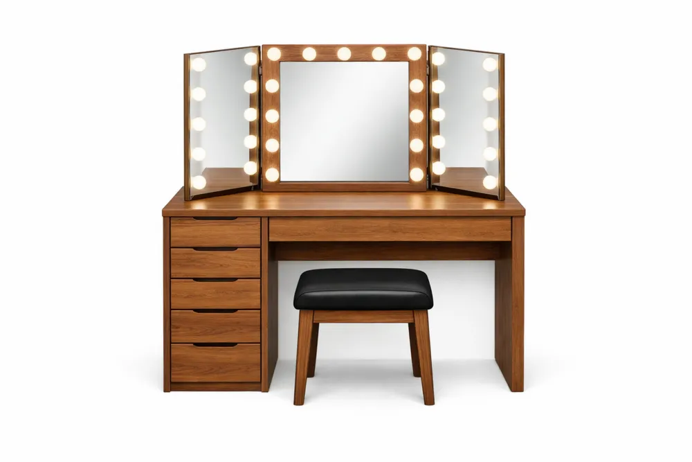 Coiffeuse en Bois avec Miroir LED et Tabouret Noir