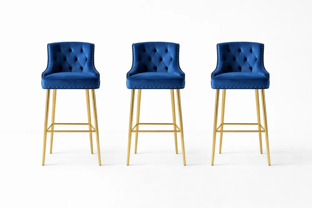 Lot de 3 Tabourets de Bar en Velours Bleu avec Pieds en Métal