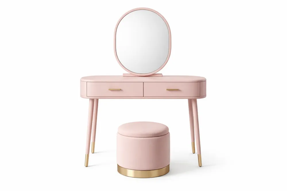 Coiffeuse en bois MDF et acier avec miroir et tabouret rond rose
