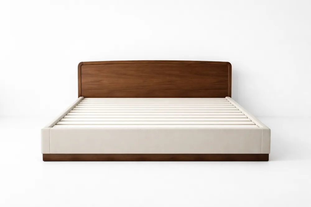 Lit plateforme en bois avec tête de lit cintrée et cadre en PU Beige