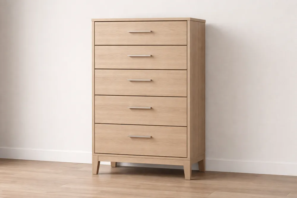 Commode en bois plaqué chêne à 5 tiroirs