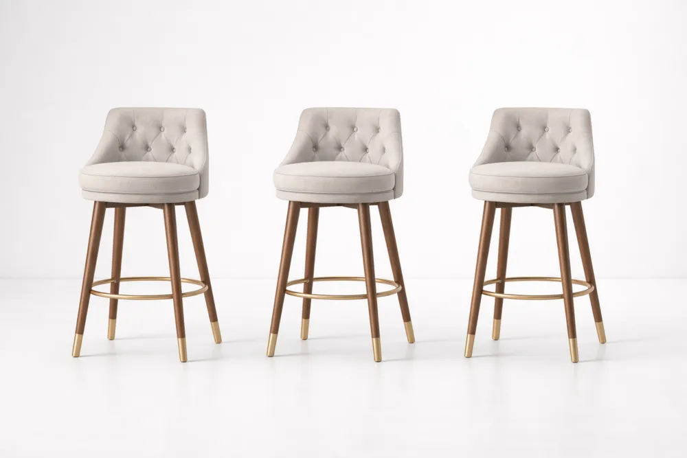 Tabourets de bar en bois et velours crème lot de 3