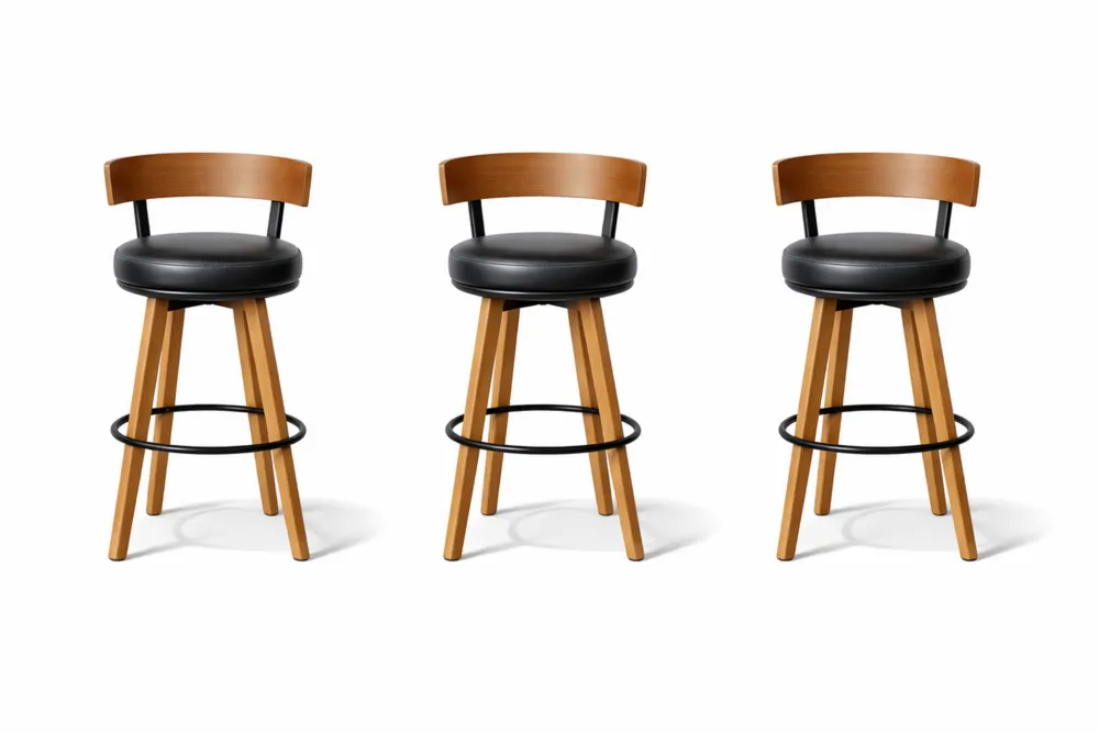Lot de 3 Tabourets de Bar Pivotants en Bois et Similicuir Noir